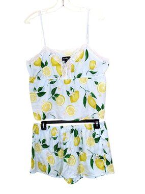 Womens Tank Cami Top And Shorts Sleep Set Green Yellow Lemon Print Lace Size XL